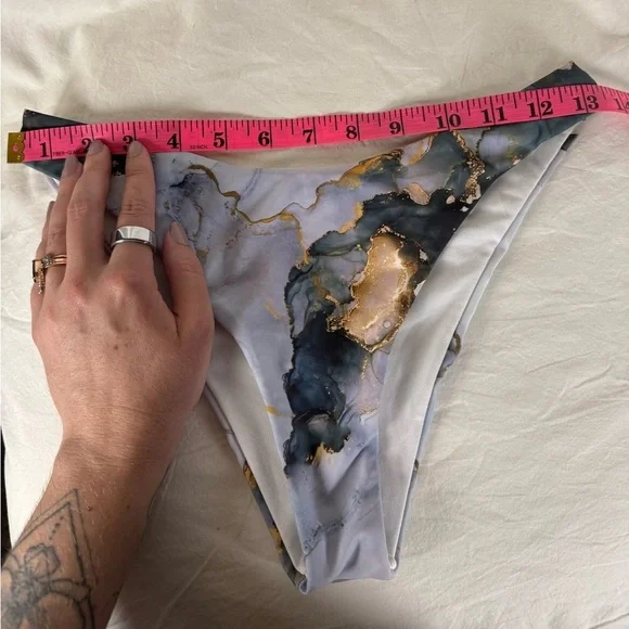 Grey and Navy Blue Marble Print High Rise Cheeky Bikini Bottoms Small - Picture 6 of 8